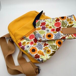 Leaper Mustard Yellow Floral‎ Canvas Crossbody Bag & Makeup Bag NWT